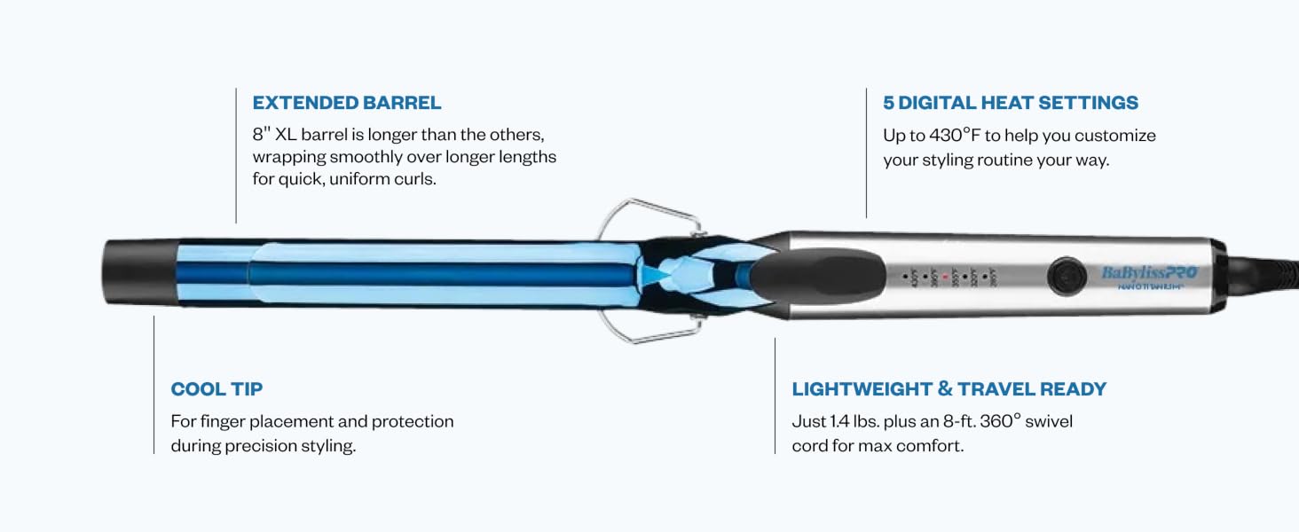 extended barrel. 5 Digital Heat Settings. Cool tip. Lightweight & Travel Ready