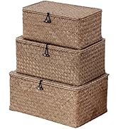 Nonam Seagrass Storage Baskets with Lid Set of 3,Wicker Basket Storage Bin for Shelves,Rectangula...