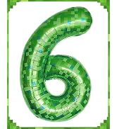40 Inch Giant Green Pixel Miner Theme Number Foil Balloons, Numbers 6 Available, Large Mining Sty...