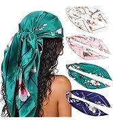 DRESHOW 35” Large Square Satin Head Scarf - 4Pcs Silk Accessories Classic Patterned Squares Beach...