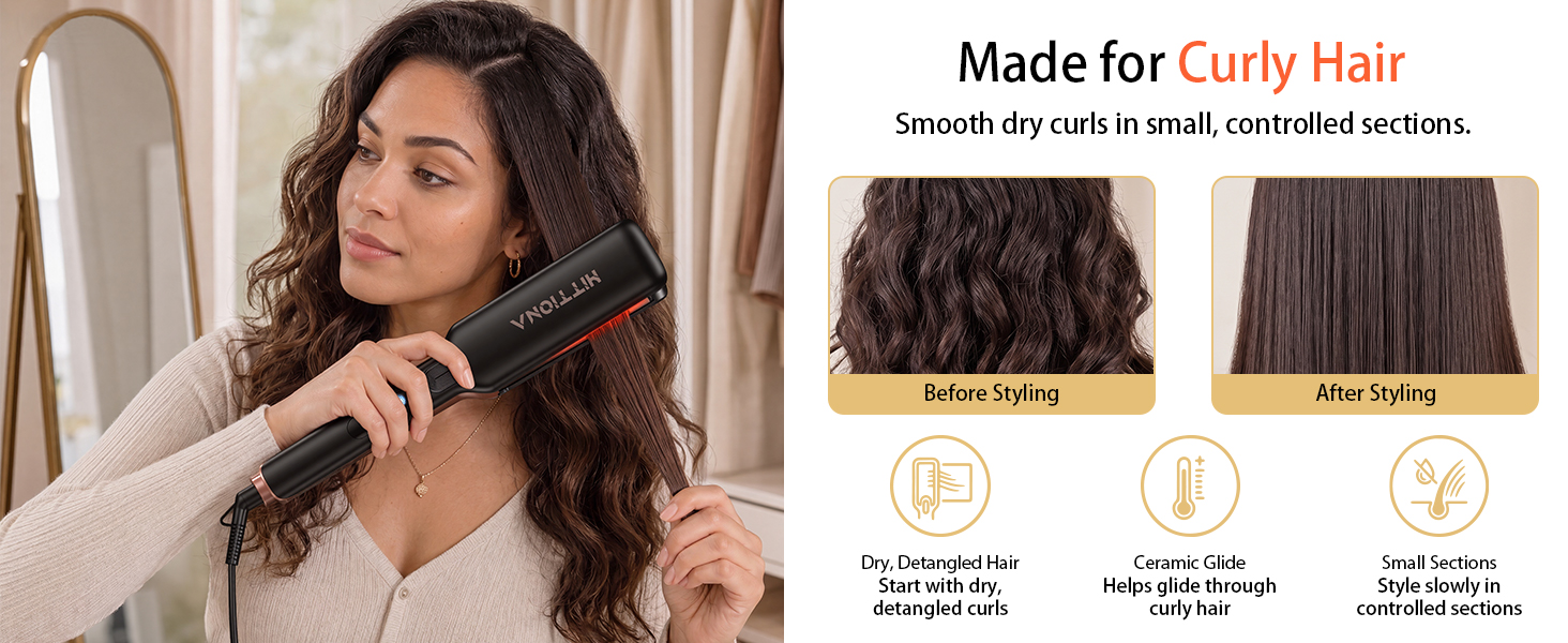 HITTIONA ceramic flat iron hair straightener for curly hair with dry detangled styling sections