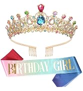 Ahoney Birthday Girl Sash & Tiara Crown for Women Girls, Gold Multicolor Rhinestones Crown, Birth...