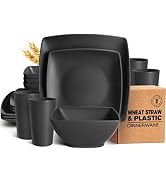 Teivio 16-piece Plastic Wheat Straw Square Dinnerware Set for 4, Unbreakable Dinner Plates, Salad...