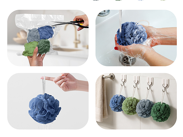 The shower ball is approx. 4.5 in, 60g, will revert to its original shape after few uses.