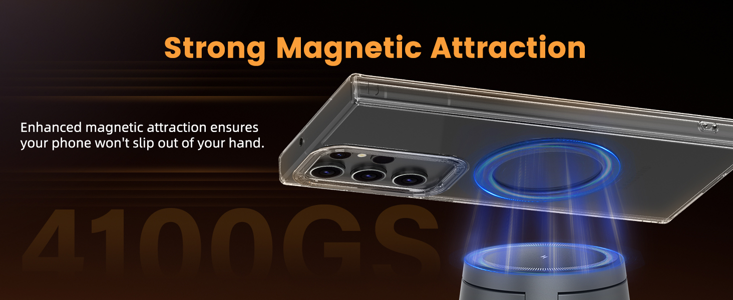 Text reads: 'Strong Magnetic Attraction' '4100GS'. Technical illustration showing magnetic force field visualization with blue glow effect against dark background.