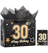 Powbrace 13" Black 30th Birthday Gift Bag with Tissue Paper and Greeting Card for Party,Happy Bir...