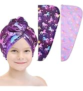 Basumee Microfiber Hair Towel Wrap for Kids 2 Pack Rapid Drying Hair Towel with Button Hair Turba...