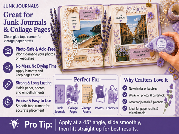 Glue tape runner for junk journals collage pages and keepsakes