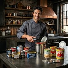 chef opening a can with an electric can opener