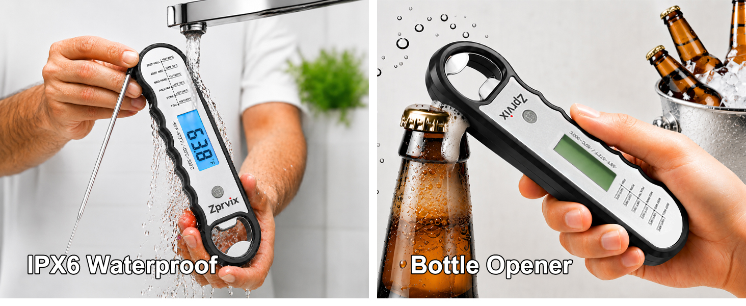 IPX6 waterproof meat thermometer with built-in bottle opener for grilling and outdoor cooking