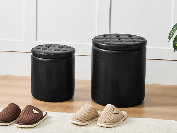 oakvivo Round Ottoman Foot Stool with Storage Set of 2, Storage Ottoman, Faux Leather Footstool