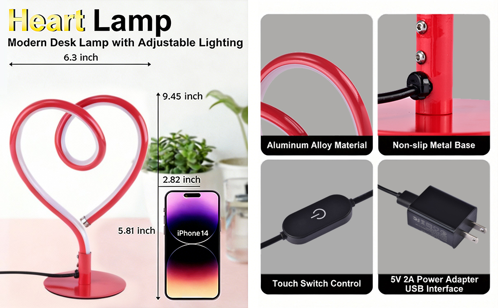 LED table lamp: 9.45"H x 6.3"W, aluminum alloy, non-slip base, touch switch, 5V2A.