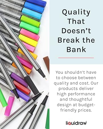 Array of colorful marker pens with metal barrels and plastic caps, arranged diagonally. Text emphasizes quality and affordability of Liquidraw products.
