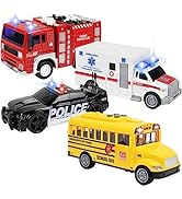 4 Pack Ambulance, Fire Engine Truck, School Bus, Police Car Toy, Vehicles Toy Set Toddlers Cars |...