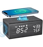 Wooden Digital Alarm Clocks,10W Wireless Charging with 3 Alarms, Dual 5W Stereo Bluetooth Speaker...