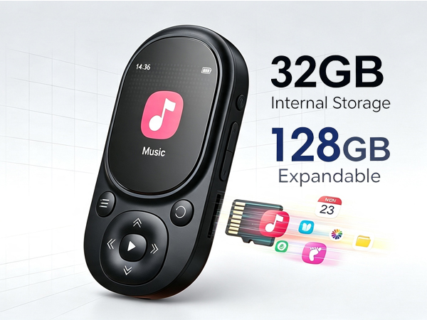 Portable digital audio player with 32GB internal storage and micro SD card slot