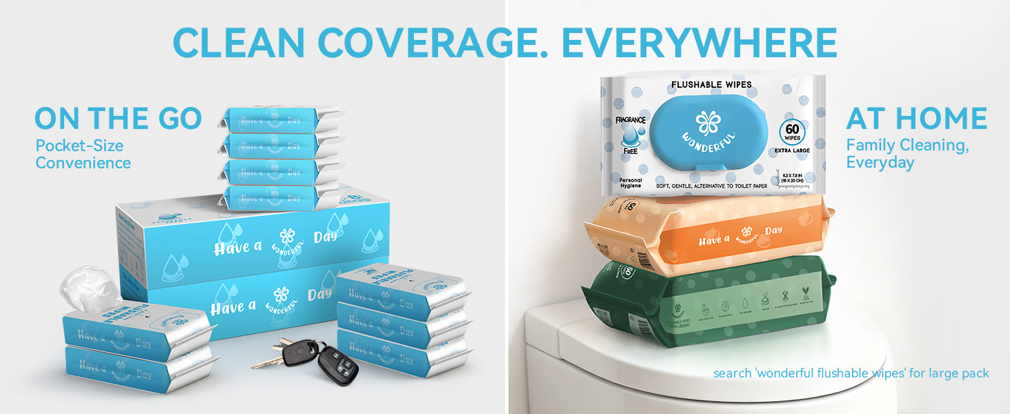 Wonderful Flushable Wipes, Mini Travel Pack, Fragrance Free