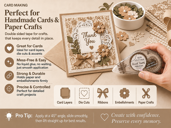 Craft tape securing cardstock, ribbons, die cuts and flat accents on a handmade greeting card