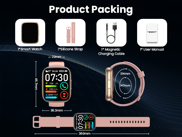 Text reads 'Product Packing'. Display shows smartwatch package contents icons: Original watch, charging cable, USB charger, user manual. Below shows smartwatch with digital time 07:30 and band in rose gold color.