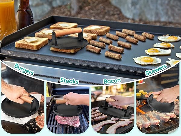 Round cast iron grill smasher burger press
