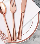 700 Count Rose Gold Dinnerware Set-200 Gold Plastic Plates-300 Rose Gold Plastic Silverware-100 R...