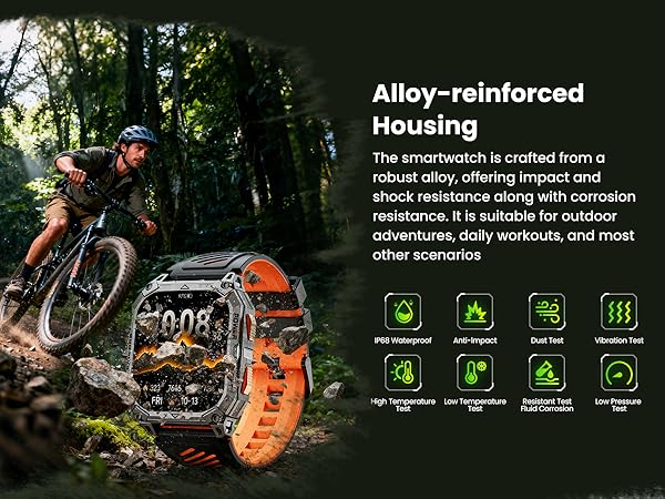 Text reads 'Housing' and 'Alloy-reinforced'. Product marketing display showing rugged orange protective case with icons indicating various protection features and outdoor durability.