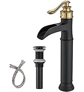 BWE Waterfall Vessel Sink Faucet Black and Gold Bathroom Faucet 1 Hole Single Handle Tall Bathroo...