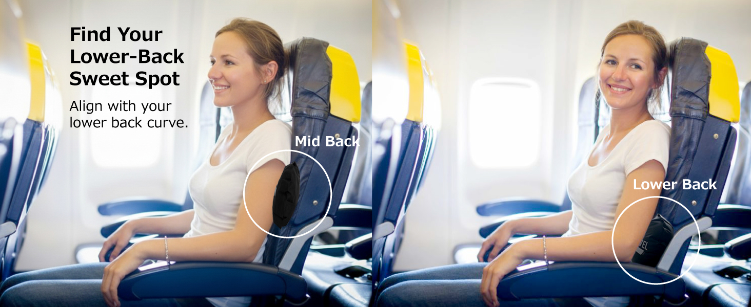 Traveler using SMART TRAVEL inflatable lumbar pillow on airplane seat for back & lower back support
