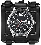 Avaner Mens Retro Steampunk Rock Black Wide Leather Bracelet Cuff Watches Big Face Round Dial Ana...