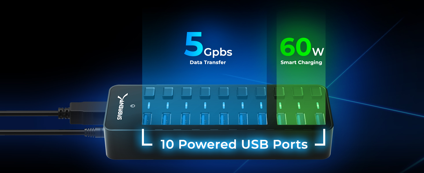 display of 10Port USB Hub with all ports and switches visible, surrounded by electric blue lighting.