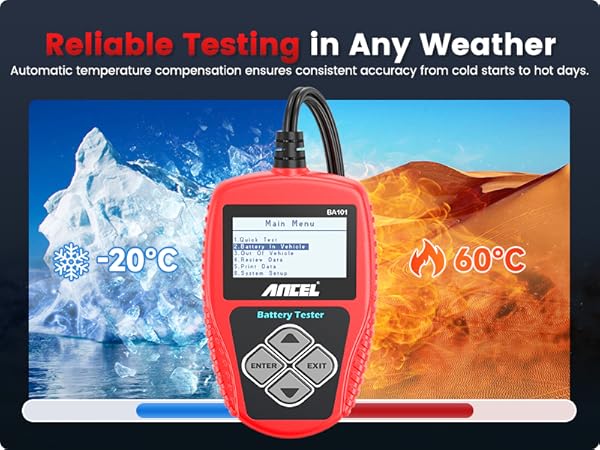 Battery tester with temperature compensation for reliable testing in any weather
