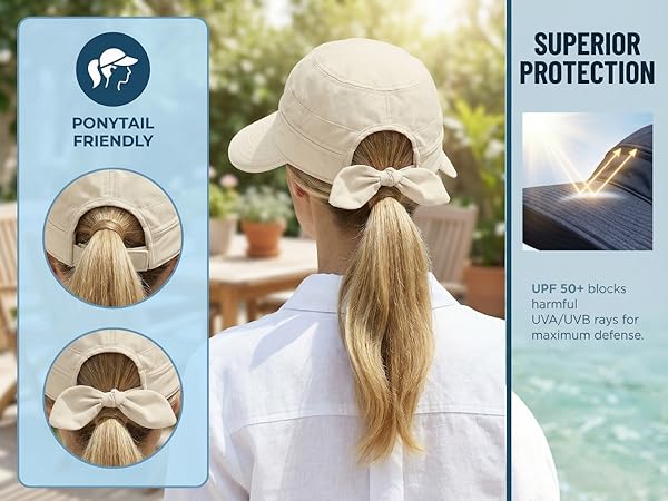 summer uv protection SPF50 UPF50 sun visor hat ponytail friendly