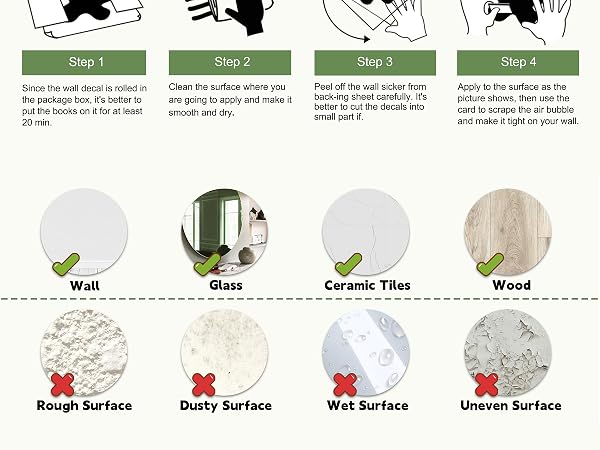 Instruction guide for applying adhesive product. Four-step process shown with icons. Compatible surfaces listed: wall, glass, ceramic tiles, wood. Incompatible: rough, dusty, wet, uneven surfaces.