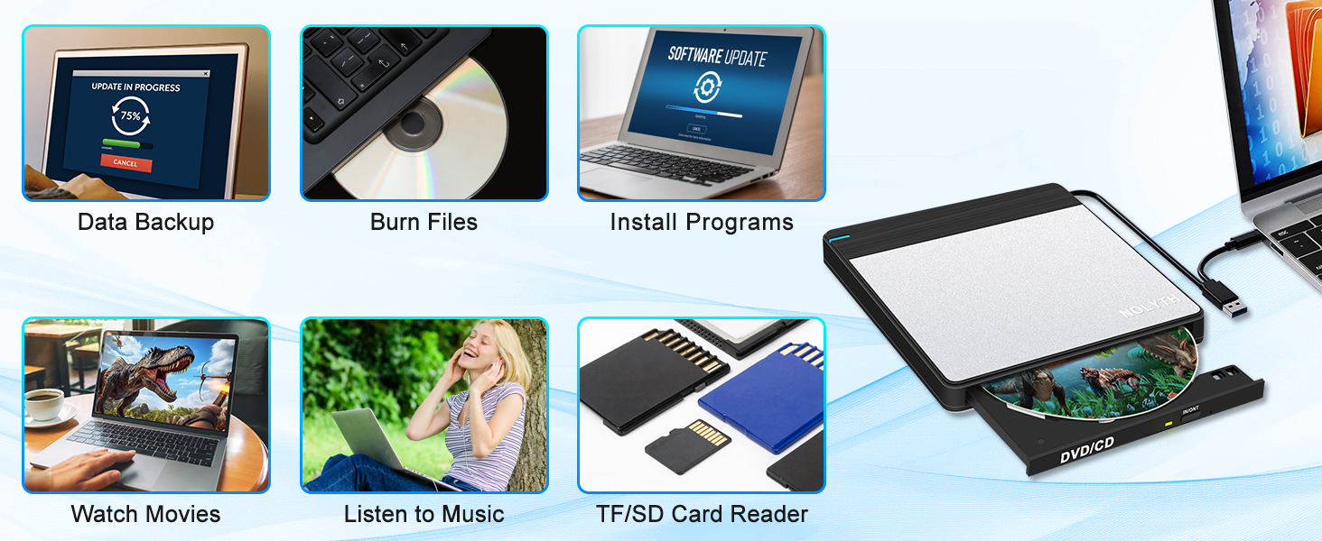 This external CD drive for Mac allows you to backup data, burn files, install programe, watch movie
