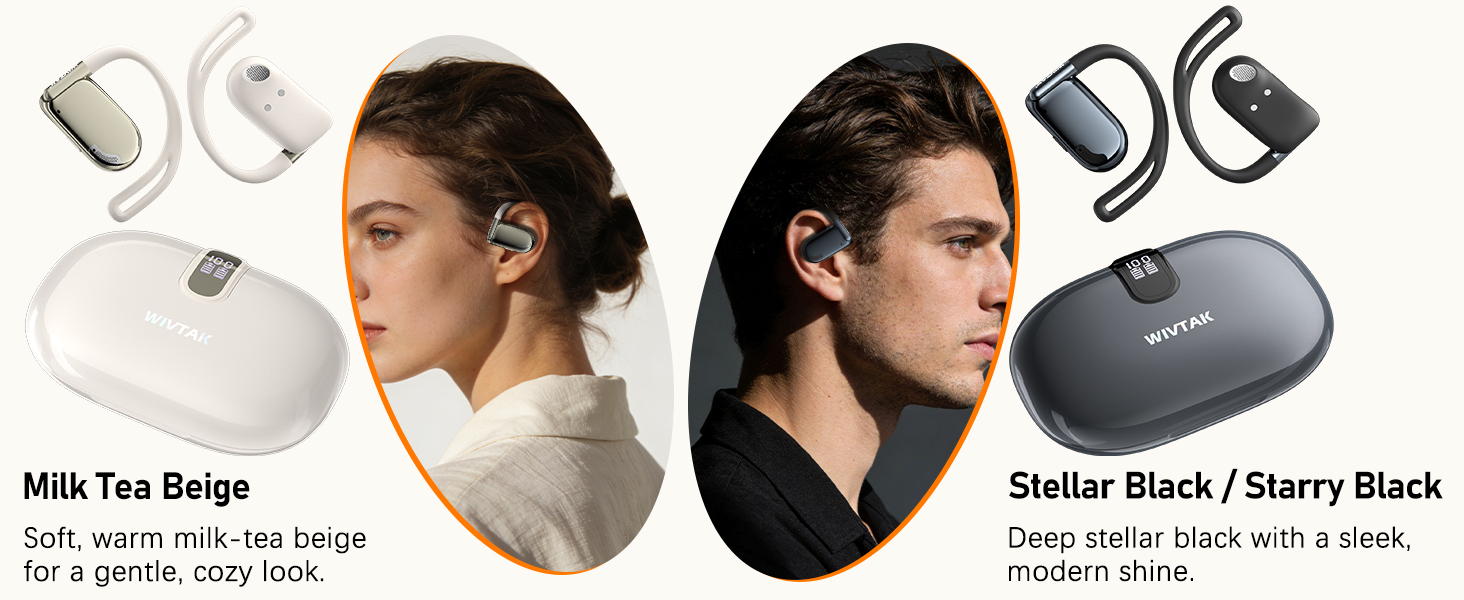 Open-ear Bluetooth earbuds for comfortable all-day wear with clear, natural, open listening.
