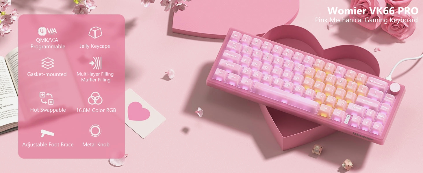 Womier 60% Gaming Keyboard Pink Transparent Jade, QMK/VIA Creamy Mechanical Keyboard
