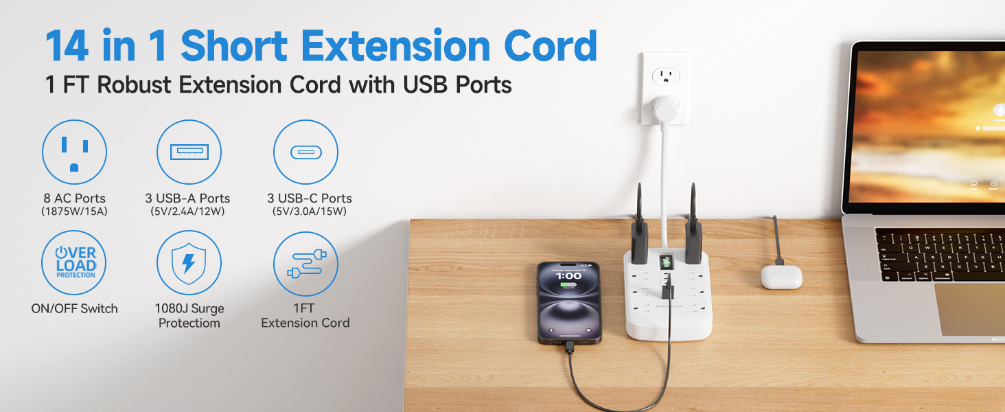 1 FT Short Extension Cord Surge Protector-8 AC Outlets with 6 USB Ports (3 USB-C)