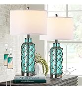 Cottage Nautical Accent Table Lamp Set of 2, Touch Control Coastal Blue Green Glass Rope Net Beds...