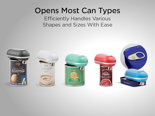 Opens most can types, efficiently handles various shapes and sizes with ease