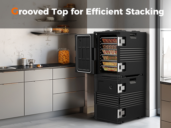 insulated food carrier with grooved top for efficient stacking