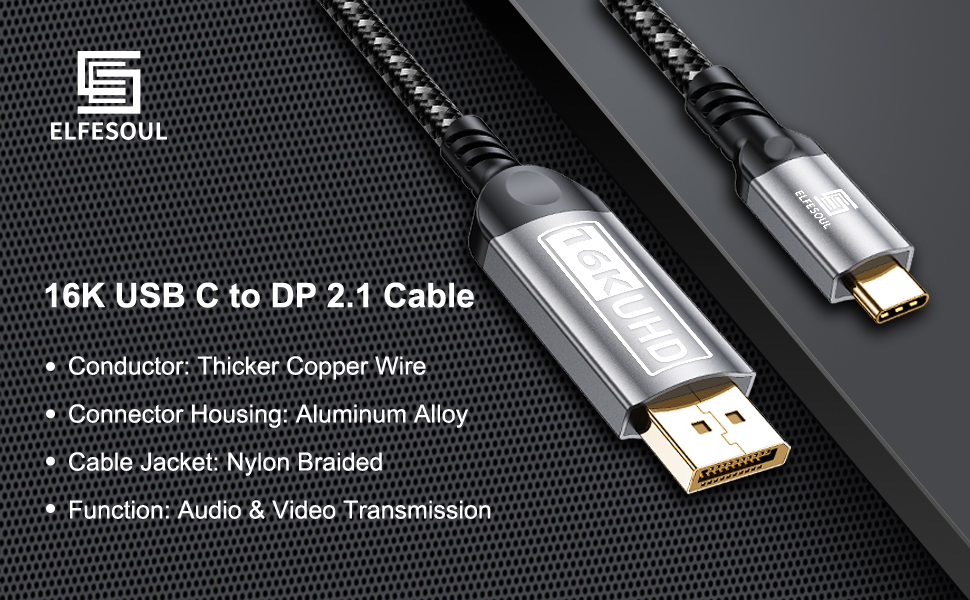 USB-C to DisplayPort Cable 16K@60Hz 80 Gbps Displayport 2.1 Cable USB Type-C to DP Cable Thunderbolt