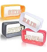 4 Pack Clear Makeup Bags with Chenille Letters, Travel Toiletry Organizer for Hair, Face, Skin, S...