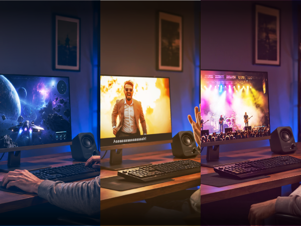 One desk showing FUNLOGY Speaker Plus used for gaming, movies, and music.