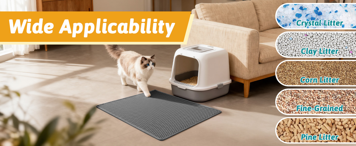 Text reads 'Wide Applicability'. Image shows a gray textured floor mat placed under a white pet litter box, with close-up detail of mat weave patterns in gray and orange tones below.