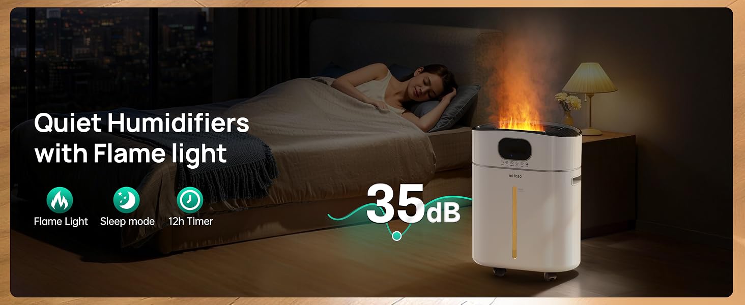 Air Humidifiers for Bedroom with Diffuser & Flame Light