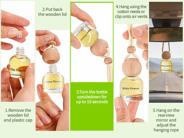 Instructional diagram showing 5 steps for installing a bottle diffuser: Put back wooden lid, Using string to slip onto hook, Turn bottle up 10 seconds, Remove plastic cap, Hang on mirror and adjust rope.
