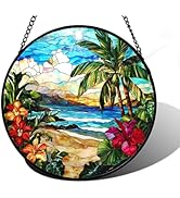 DASTOLL Stained Glass Window Hanging, Blue Beach Scenery Suncatcher Diamond Glass Panel Hangings ...