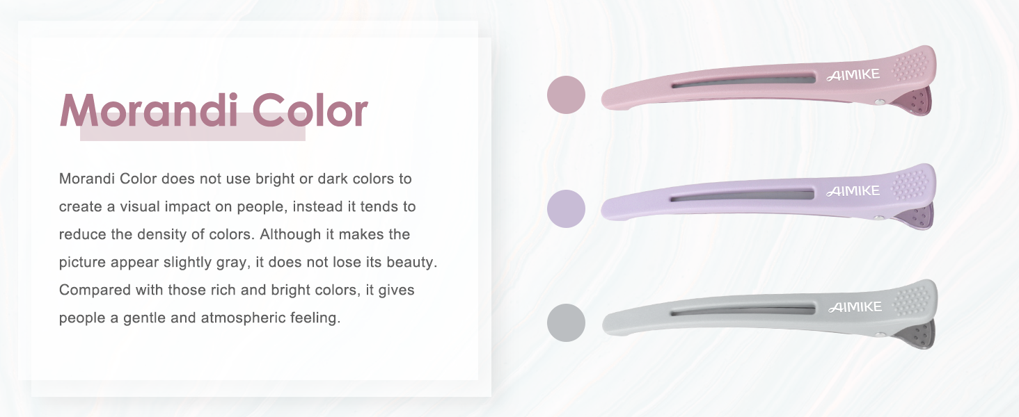 Three pale pink hair styling tools shown alongside descriptive text about 'Morandi Color' design concept.