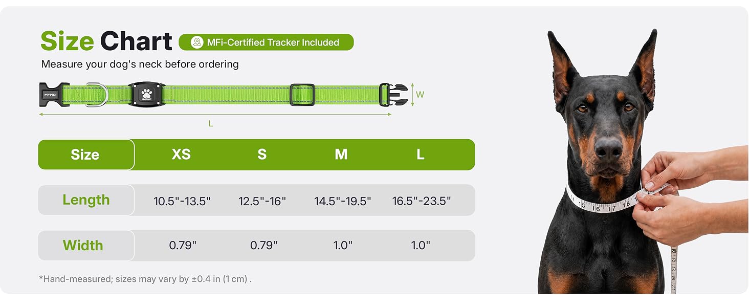 Dog collar size chart XS S M L neck 10.5 to 23.5 inches measure your dog neck before order