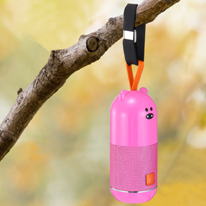 Pink cylindrical device with a smiling face design, hanging from a tree branch. Features a mesh section and orange strap for suspension.